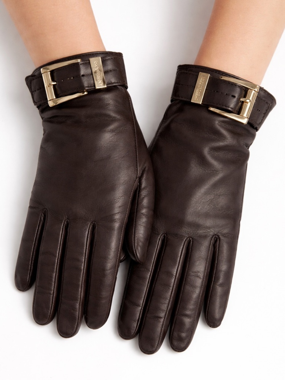 Michael Kors brown leather gloves with gold tone logo buckle hardware- L